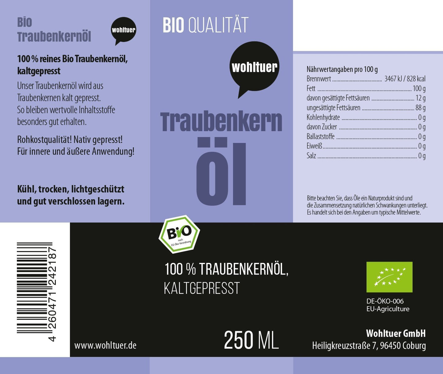 Wohltuer Bio Traubenkernöl kaltgepresst - 250ml