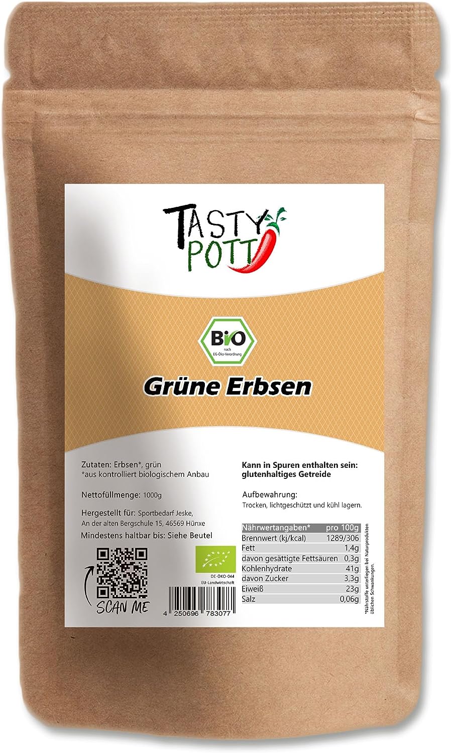 Grüne Erbsen Bio - Hülsenfrüchte in Bio Qualität - 1kg Beutel Tasty Pott - fit and life shop