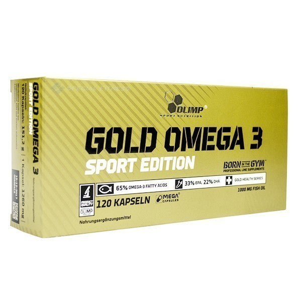 Omega 3 Kapseln der Olimp Gold Omega 3 Sport Edition in einer offenen Packung, sichtbare Kapseln in einer blauen Dose