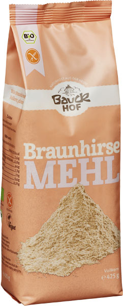 Vollkorn-Braunhirsemehl von Bauckhof, glutenfrei, zum Backen, in 425g-Packung, feines braunes Mehl für gesunde Rezepte