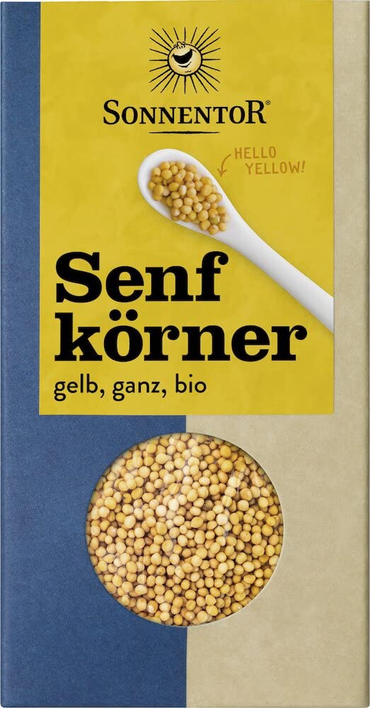 Gelbe Bio Senfkörner von Sonnentor, ganze Gewürze in 6x120g Verpackung, ideal für Saucen und Würzungen.