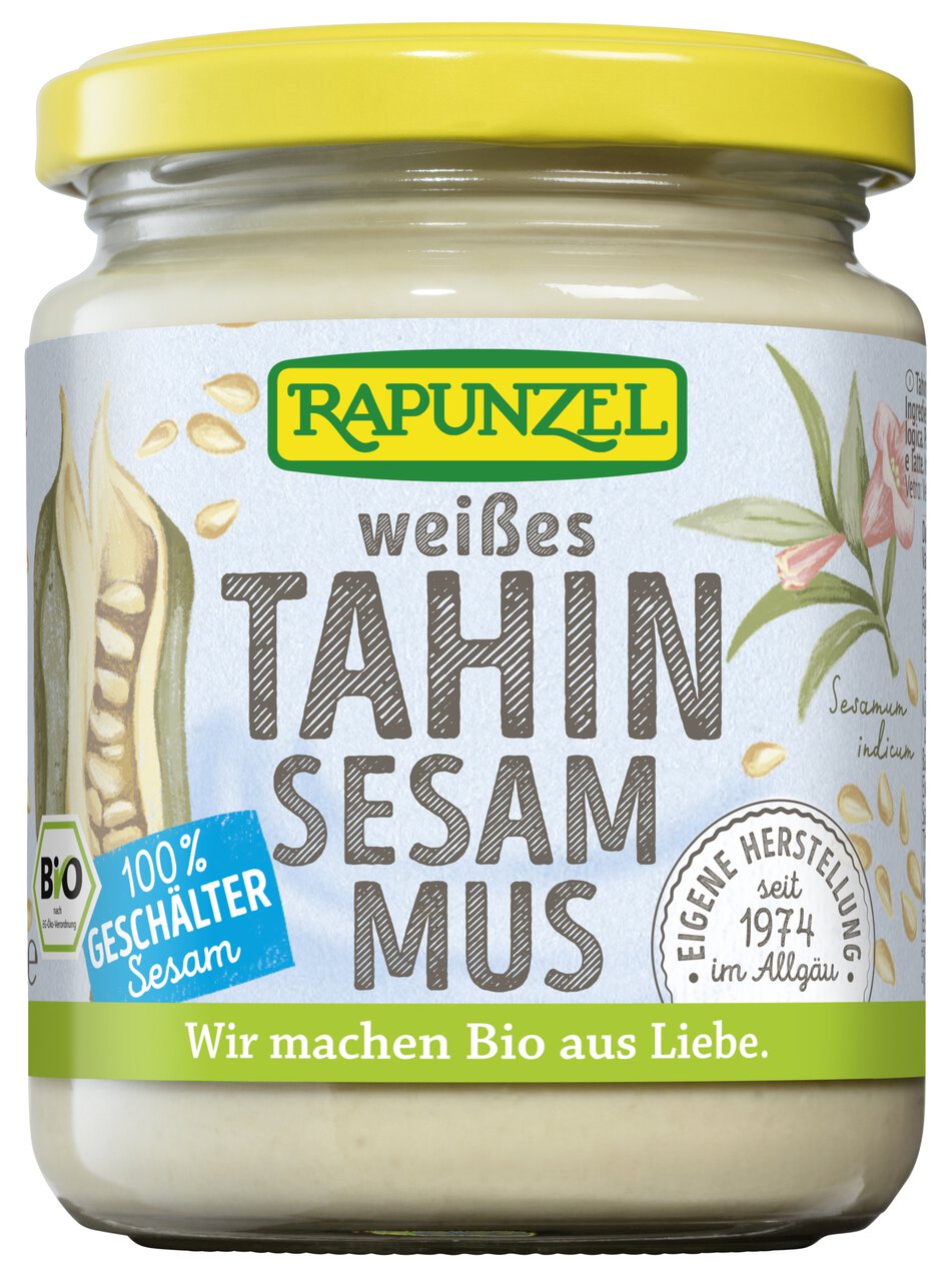 Weißes Rapunzel Tahin Sesammus in 250 g Bio-Qualität, cremige Konsistenz, ideal zum Kochen und Backen.