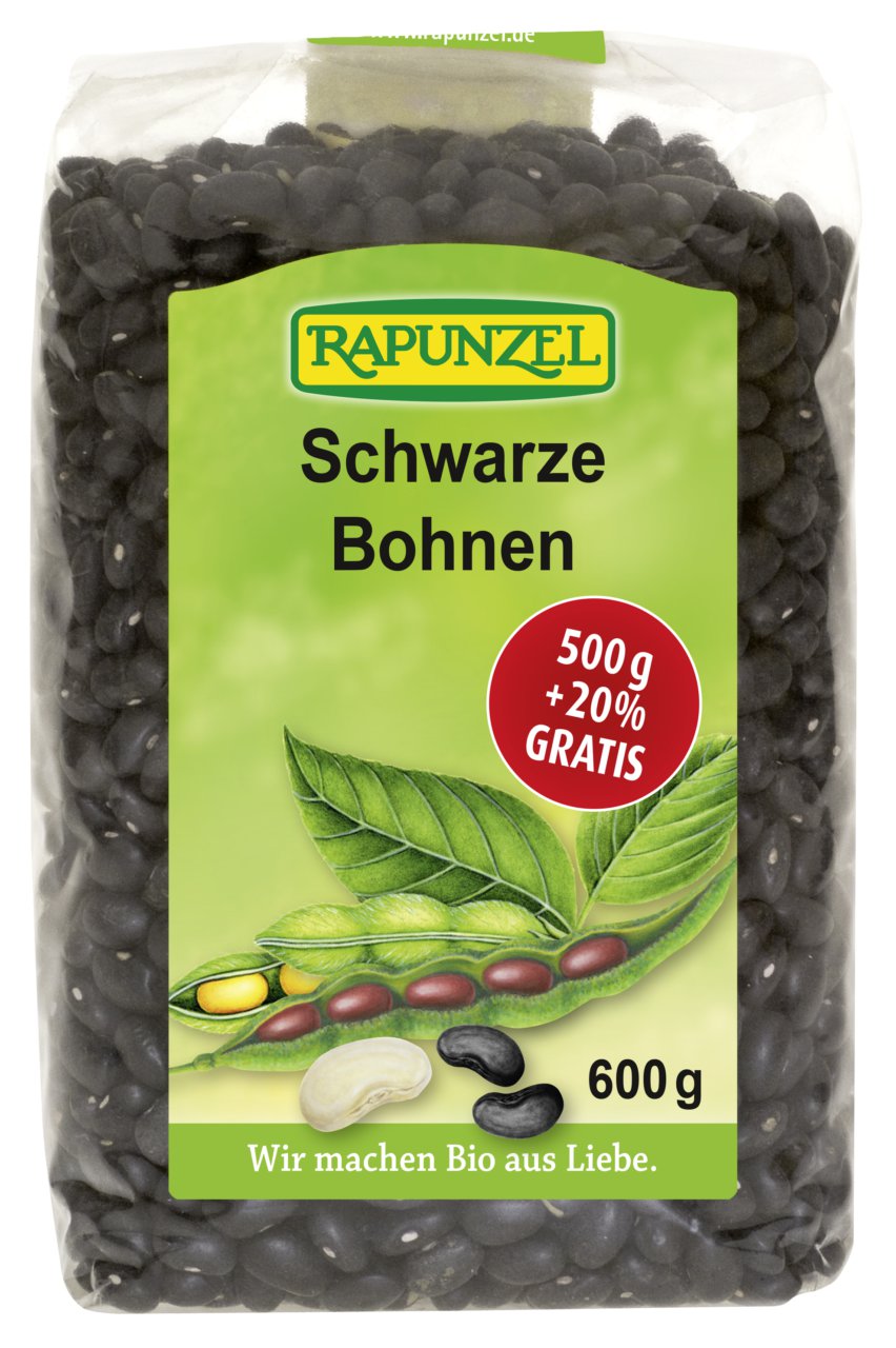 Schwarze Bio-Bohnen von Rapunzel in einer Schüssel, ideal zum Kochen, ab 500g.