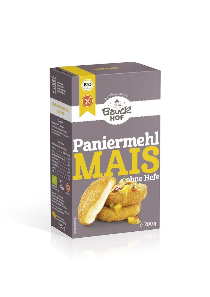 Bio Mais Paniermehl von Bauckhof, glutenfrei, ohne Hefe, in Verpackung, ideal zum Kochen, 200g.