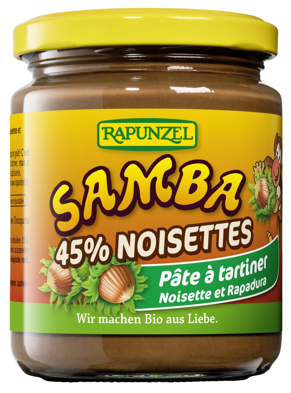 Bio Samba Haselnuss von Rapunzel, 750g, hochwertige Haselnüsse zum Kochen, in einer offenen Verpackung.