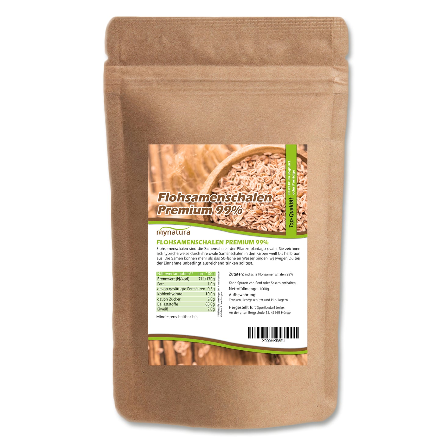 Mynatura Flohsamenschalen Premium 99% im 1000g Beutel, Superfood mit feiner Textur, natürliche Schalen für Gesundheit und Ernährung