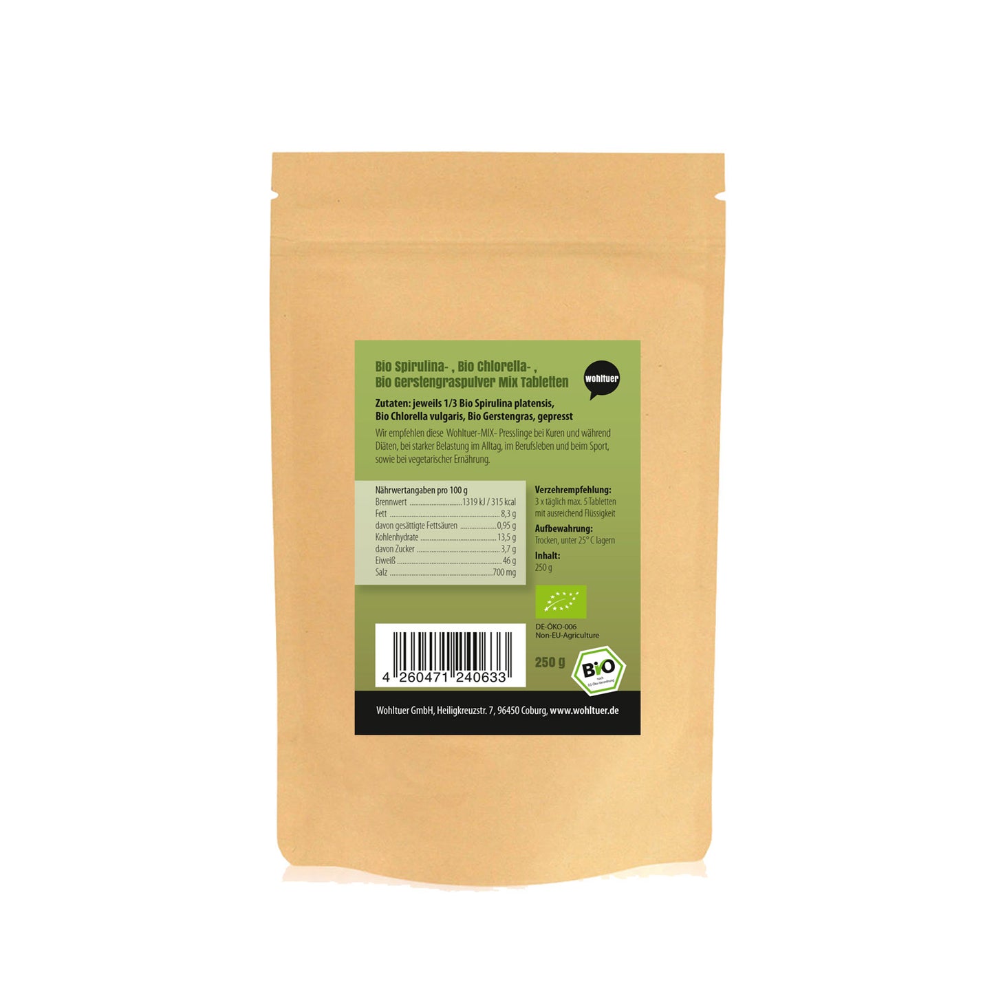 Wohltuer Spirulina Chlorella Gerstengras Mischung - 250g