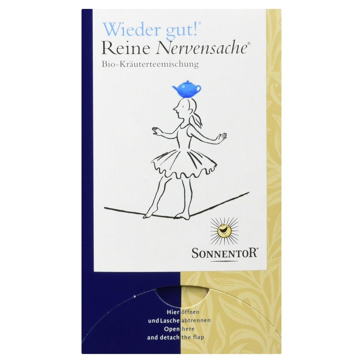 Bio Kräutertee "Wieder gut! Reine Nervensache" von Sonnentor, frisch verpackt in einer Teeverpackung, mit Kräuterblättern.