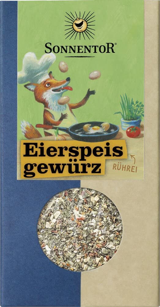 Bio Eierspeisgewürz von Sonnentor, ab 70g, in einer transparenten Gewürzdose mit verschiedenen getrockneten Kräutern und Gewürzen.