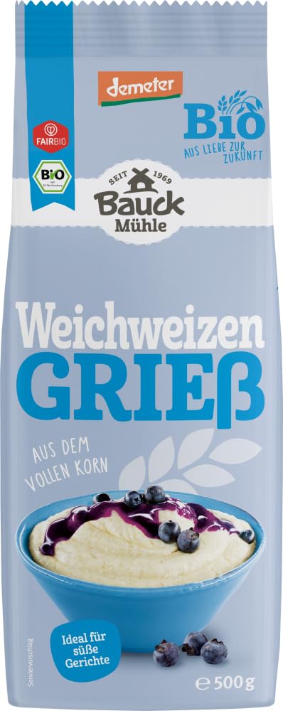 Bio Weizenvollgries von Bauckhof, ideal zum Kochen, in 500g Packung, zeigt die helle, grob gemahlene Weizenvollkörner.