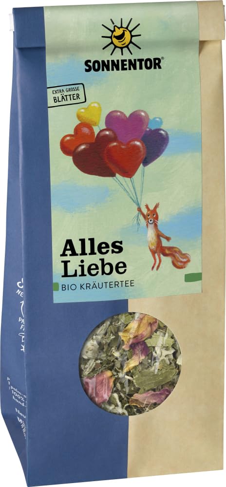 Sonnentor Bio Kräutertee "Alles Liebe" lose, 50g, mit frischen Kräutern in einer transparenten Verpackung sichtbar