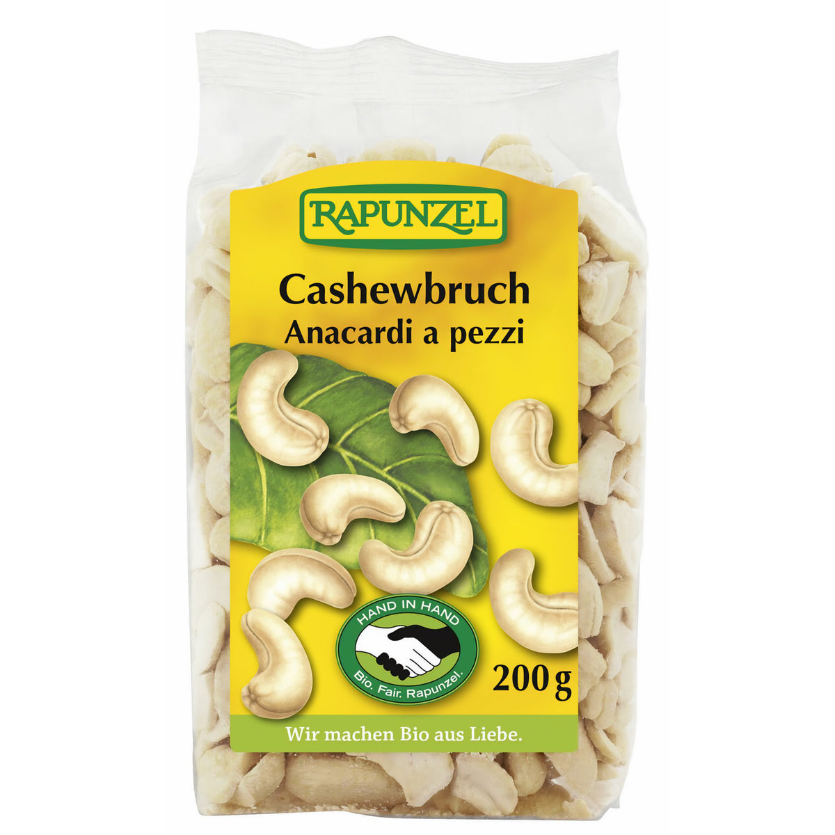 Bio Cashewbruch von Rapunzel, 200g, zum Kochen, ungeöffnet in einer transparenten Verpackung sichtbar.