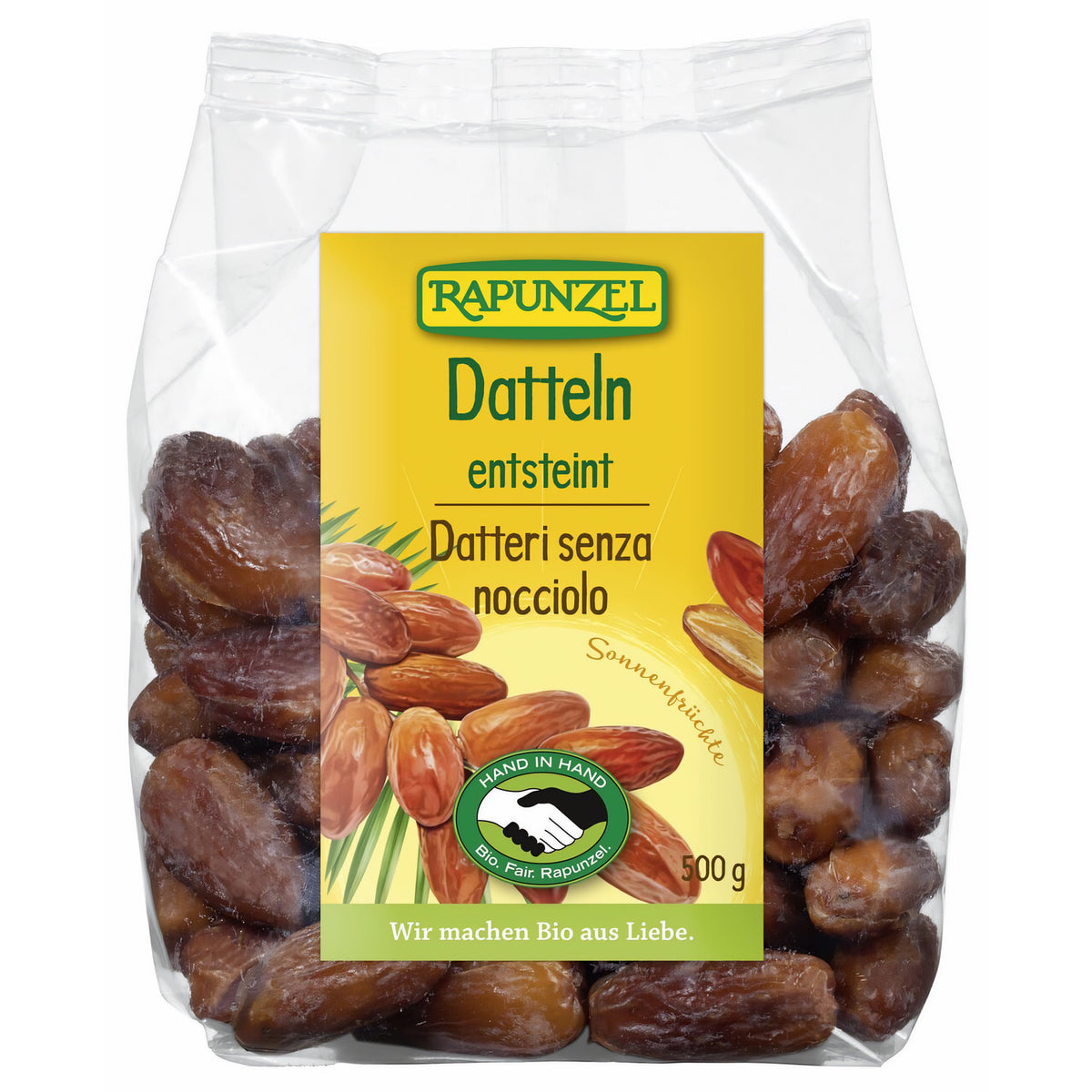 Rapunzel Bio Datteln ohne Stein Deglet Nour, offen und getrocknet, in einer transparenten Verpackung, Nahaufnahme