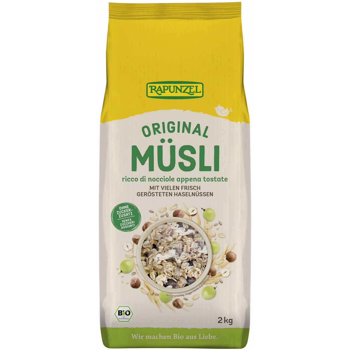 Bio Müsli von Rapunzel, Frühstücksprodukt mit verschiedenen Körnern und Nüssen, in einer Schüssel mit frischen Früchten.
