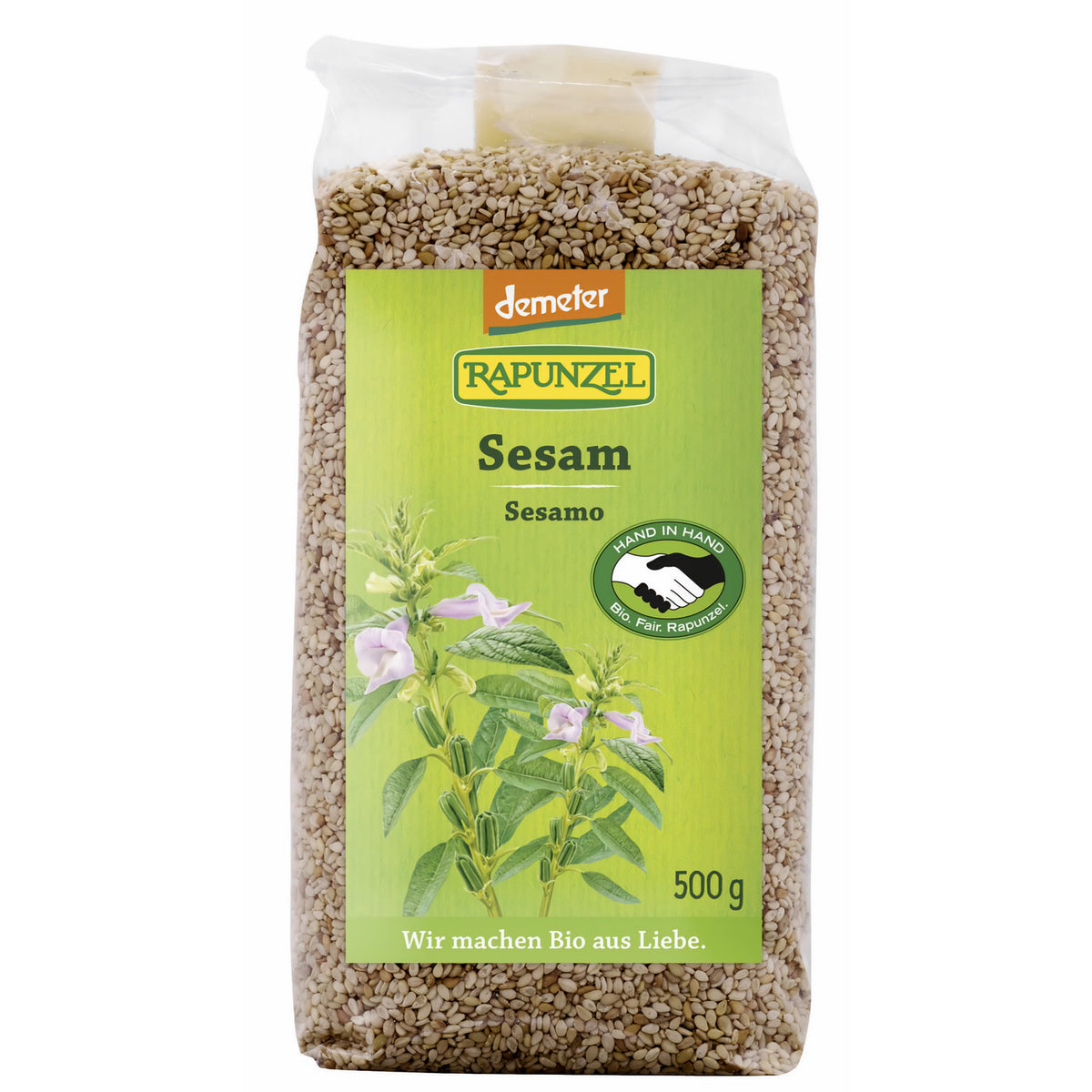 Bio Sesam von Rapunzel in 500g Packung, geöffnete Verpackung mit hellem, geröstetem Sesam für das Kochen.