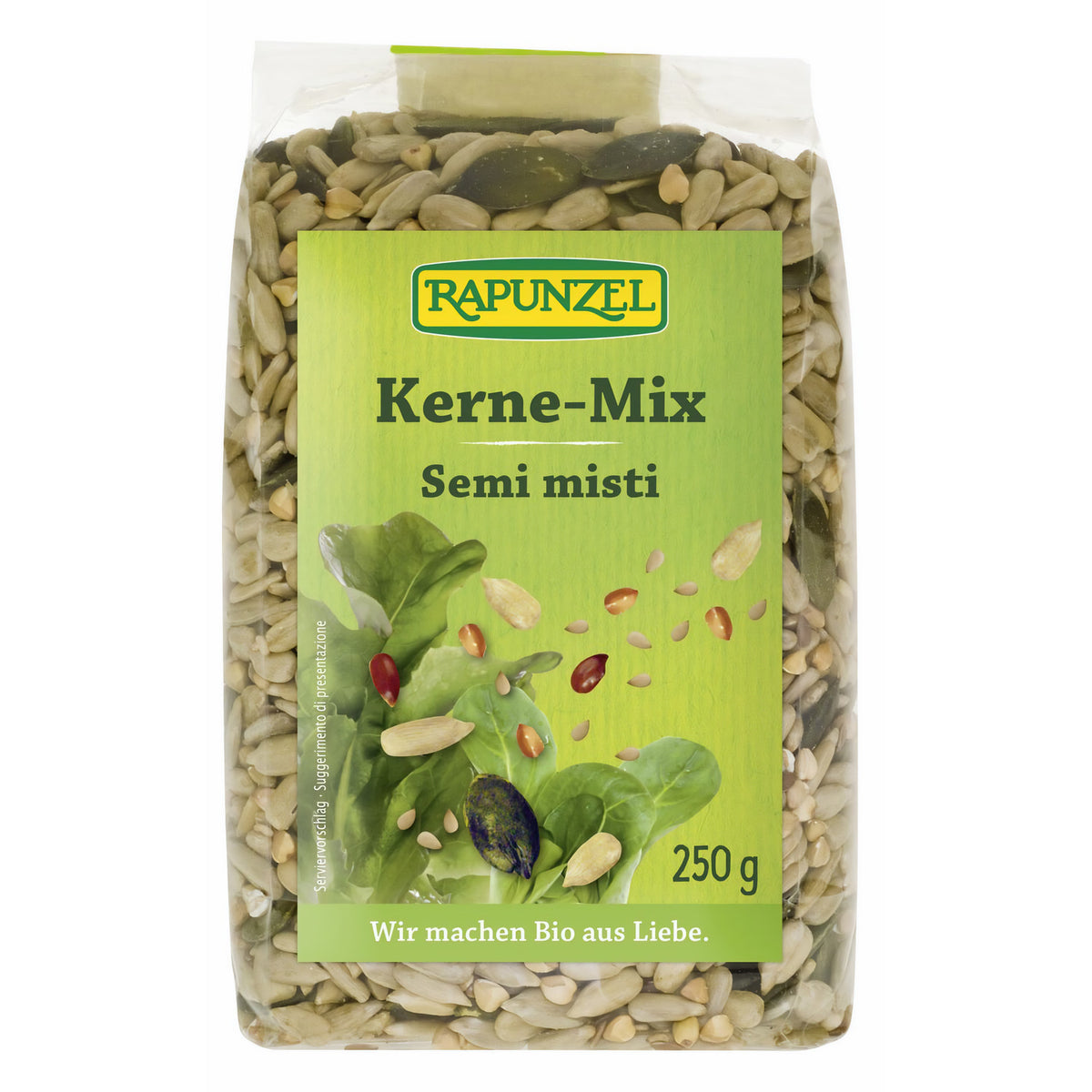 Bio Kerne-Mix von Rapunzel, 250g, zum Kochen, zeigt eine Schüssel mit gemischten, rohen Saaten und Nüssen.