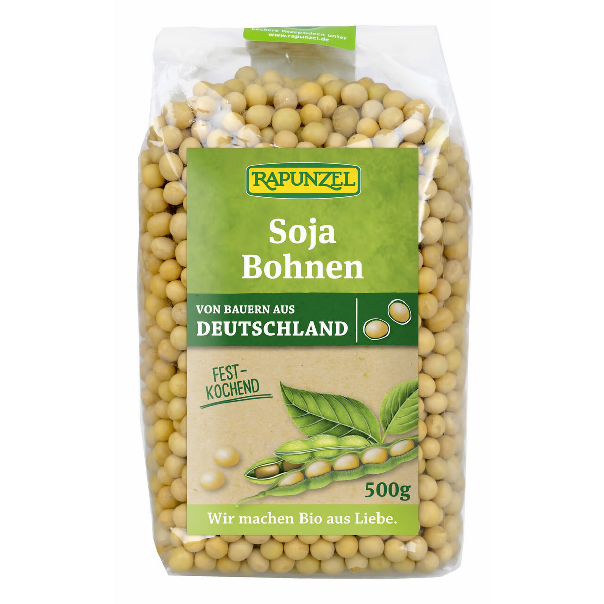 Bio Sojabohnen von Rapunzel in 500g-Packung, ideal zum Kochen, sichtbar in der Verpackung.
