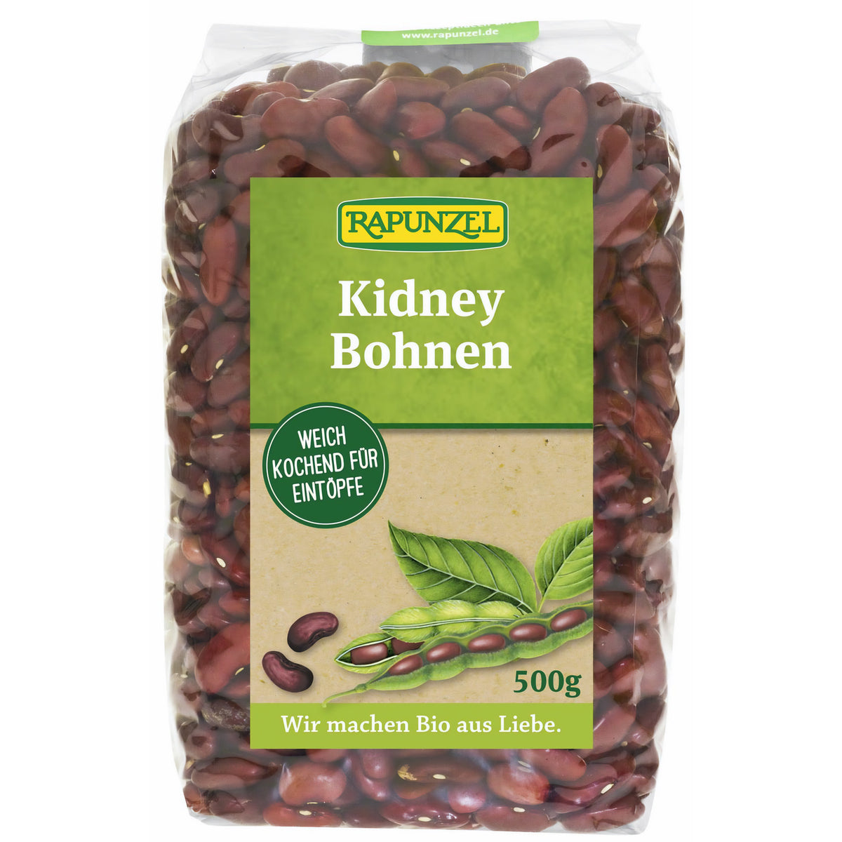 Rote Bio Kidney Bohnen von Rapunzel in einer Schüssel, ideal zum Kochen, 500g Packung, frische und hochwertige Hülsenfrüchte