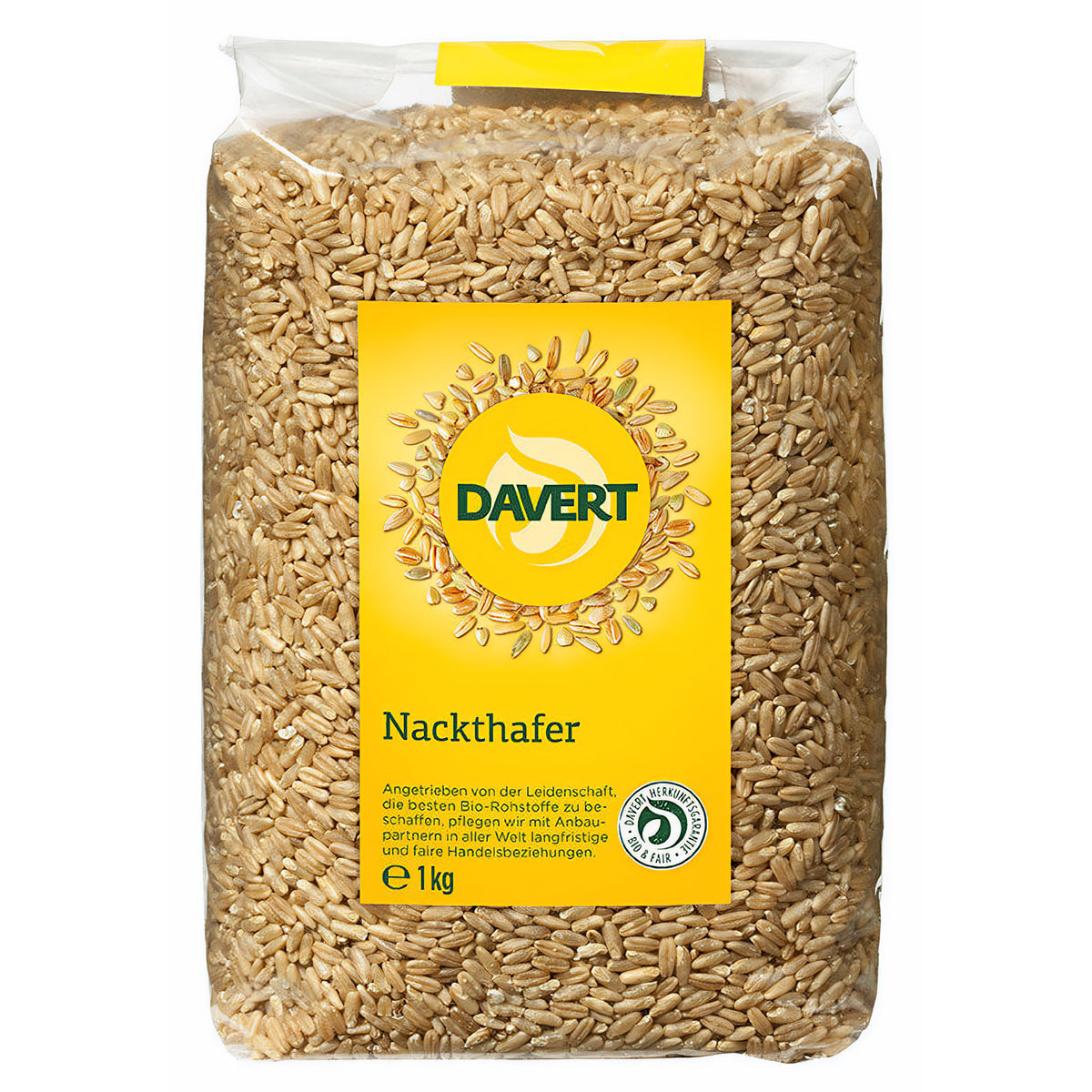 Bio Nackthafer von Davert, unverarbeiteter Hafer in Naturqualität, in einer 1 kg Packung für gesunde Ernährung.
