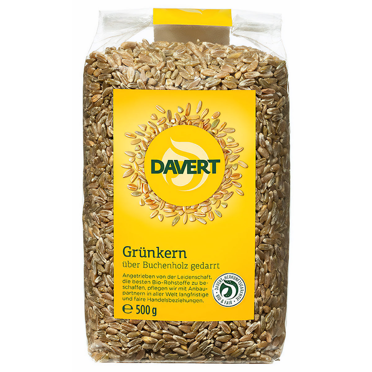 Bio Grünkern von Davert, 500g, zum Backen, sichtbares getrocknetes und geschältes Korn in der Verpackung