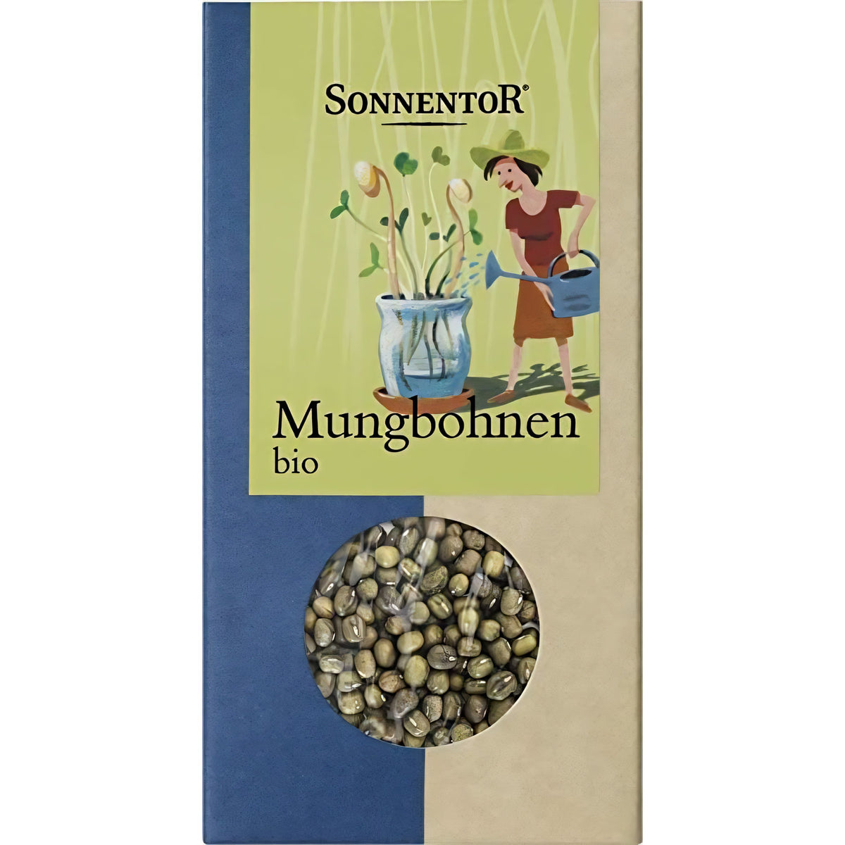 Sonnentor Bio Mungbohnen im Kochen, 120g, frisch und bio, in einer Schüssel auf einem Holztablett.