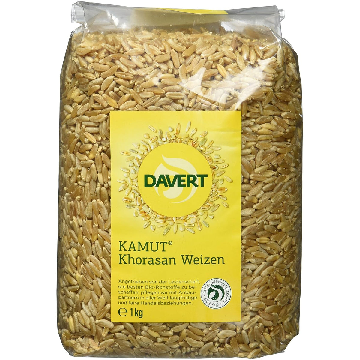 Bio-Kamut vom Davert, 1 kg Packung, rohes Getreide für gesunde Kochrezepte, naturbelassen und vielseitig verwendbar.