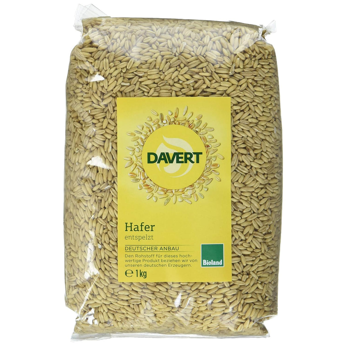 Bio Hafer von Davert, entspelzt, in einer Schüssel, ideal zum Kochen, 1kg Packung, natürliche Haferflocken.