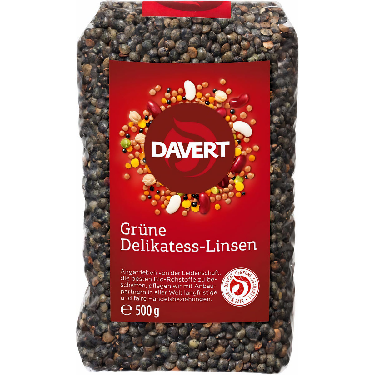Bio grüne Delikatess-Linsen von Davert in 500g Packung, zum Kochen, frische und gesunde Hülsenfrüchte.