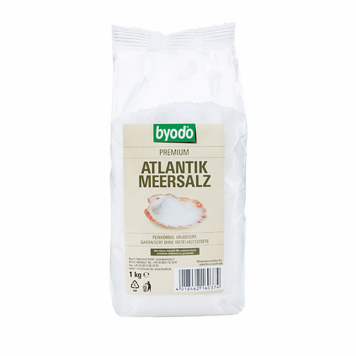 Feines Atlantik-Meersalz von Byodo, 1000g, ideal zum Kochen, sichtbare kristalline Salzflocken in einer transparenten Verpackung