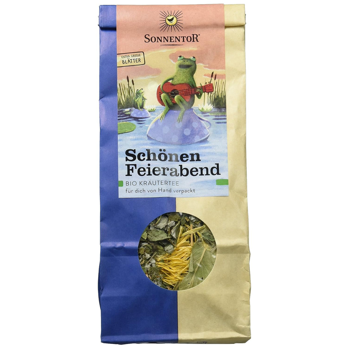 Lose Kräutertee "Schönen Feierabend" von Sonnentor, aromatische Teeblätter in einer transparenten Tüte, entspannender Kräutermix