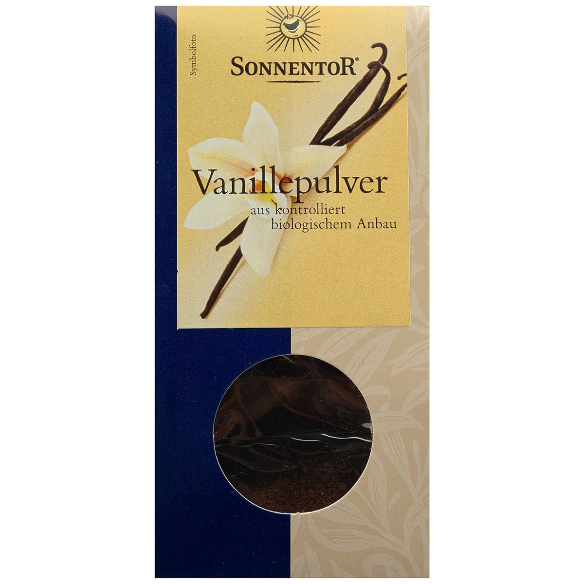 Bio Vanillepulver von Sonnentor in einer Gewürzdose, zum Kochen geeignet, mit Vanilleschoten und Pulver sichtbar.