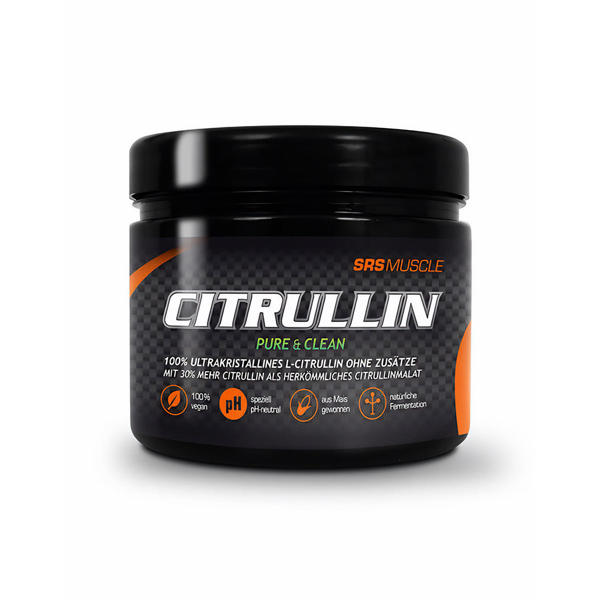 SRS Citrullin Pulver in 250g Dose, energiespendender Trainings-Booster von SRS Sporternährung, Nahaufnahme der Verpackung