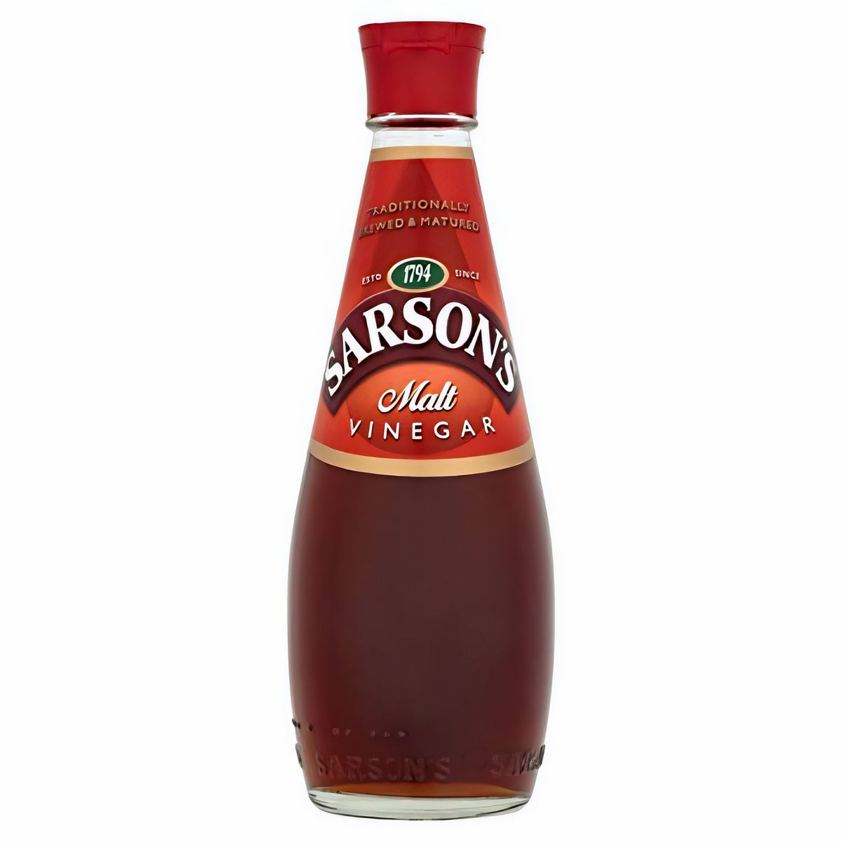 Sarson Original-Malt-Vinegar in 250ml Flasche, ideal zum Kochen, mit brauner Farbe und mildem Geschmack.