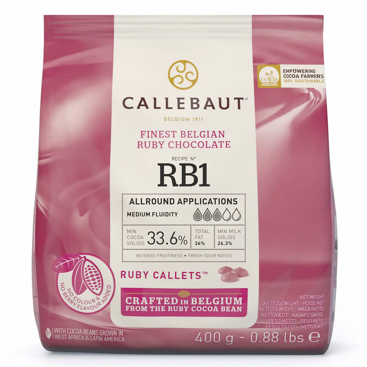 Callebaut RB1 Ruby Kuvertüre Callets zum Backen, 43,6 % Kakao, in 400g Packung, glänzende, rosa Schokoladenstückchen