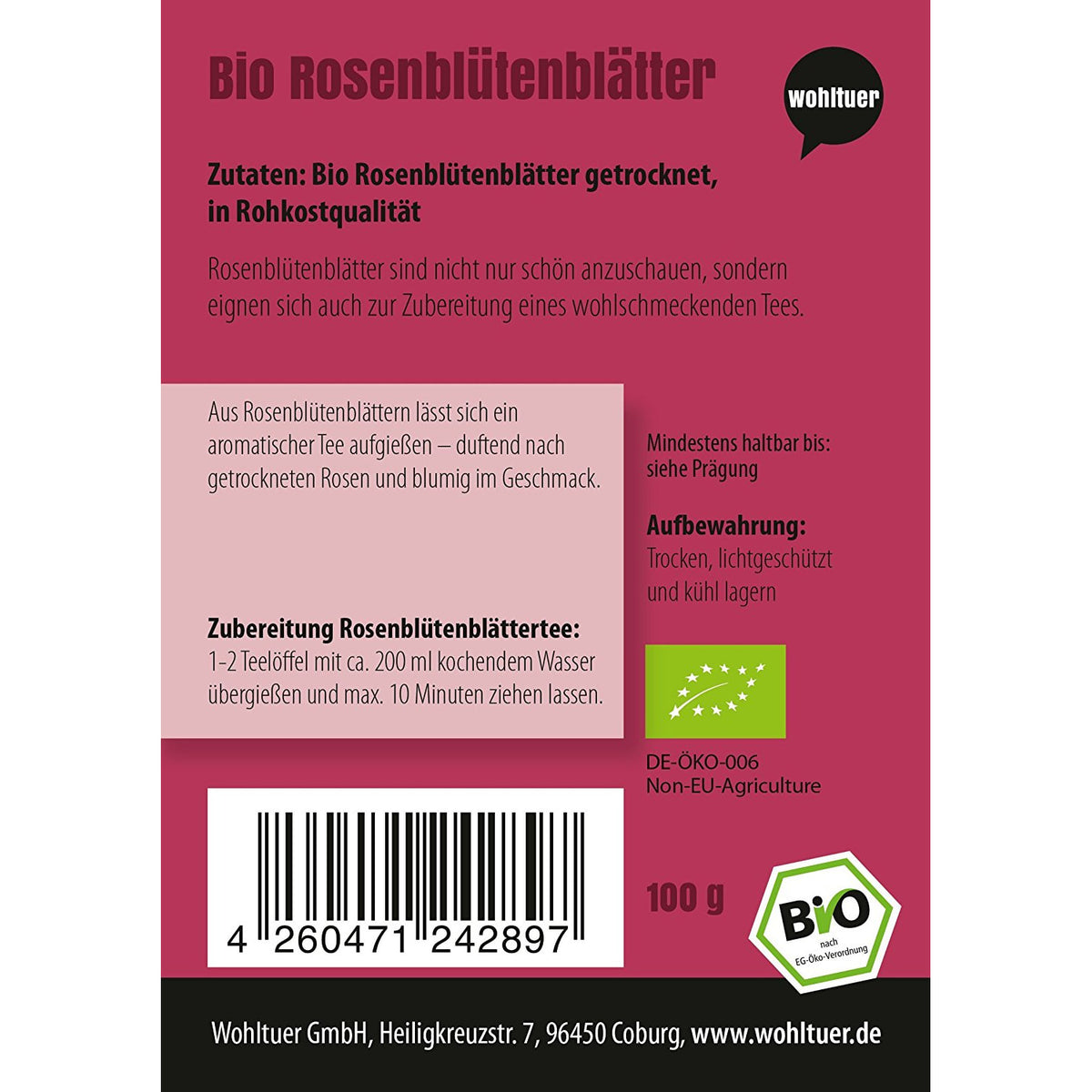 Wohltuer Bio Rosenblütenblätter Tee, Essenzen, Bädern, Küche 100g - fit and life shop