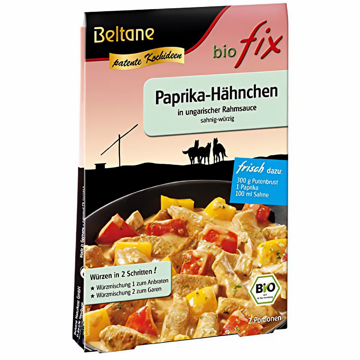 Beltane Biofix Paprika Hähnchen, gekochtes Gericht mit Paprika und Hähnchen, serviert auf einem Teller