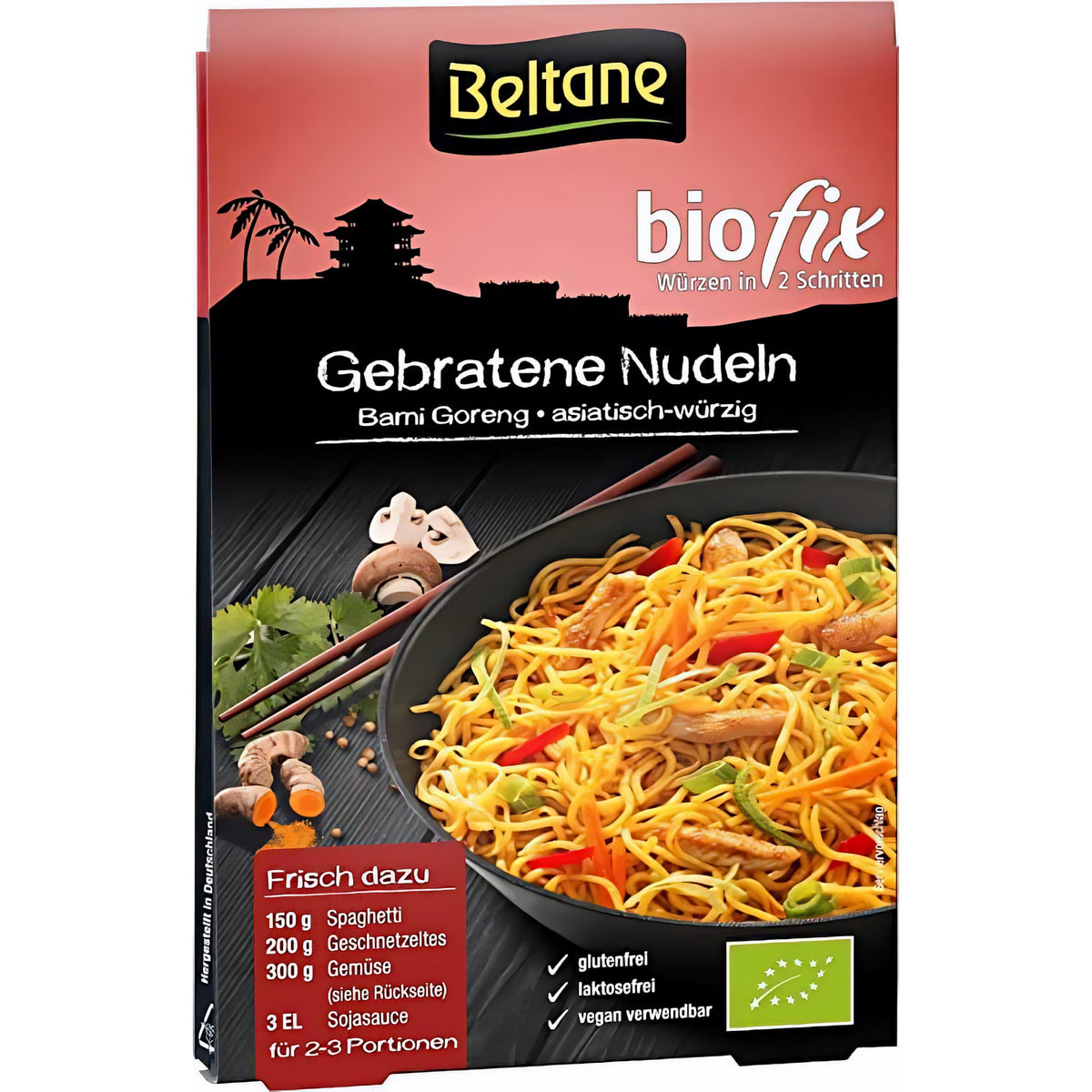 Gebratene Nudeln von Beltane Biofix, 5 Packungen à 15,90 g, für Kochrezepte, appetitlich angerichtet in einer Schüssel.