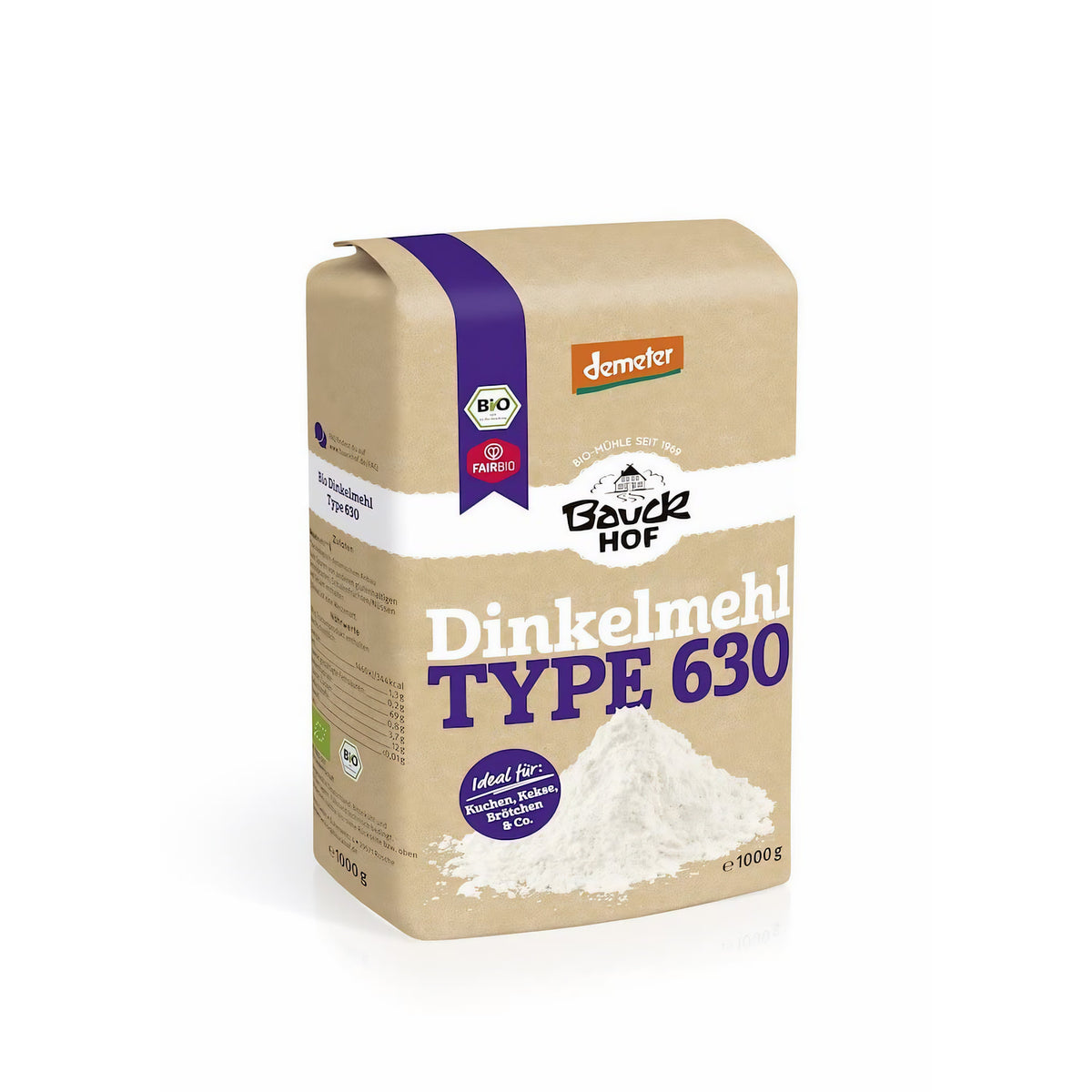 Bauckhof Bio Dinkelmehl Typ 630 hell, Demeter, 1kg, feines helles Vollkornmehl für das Kochen und Backen
