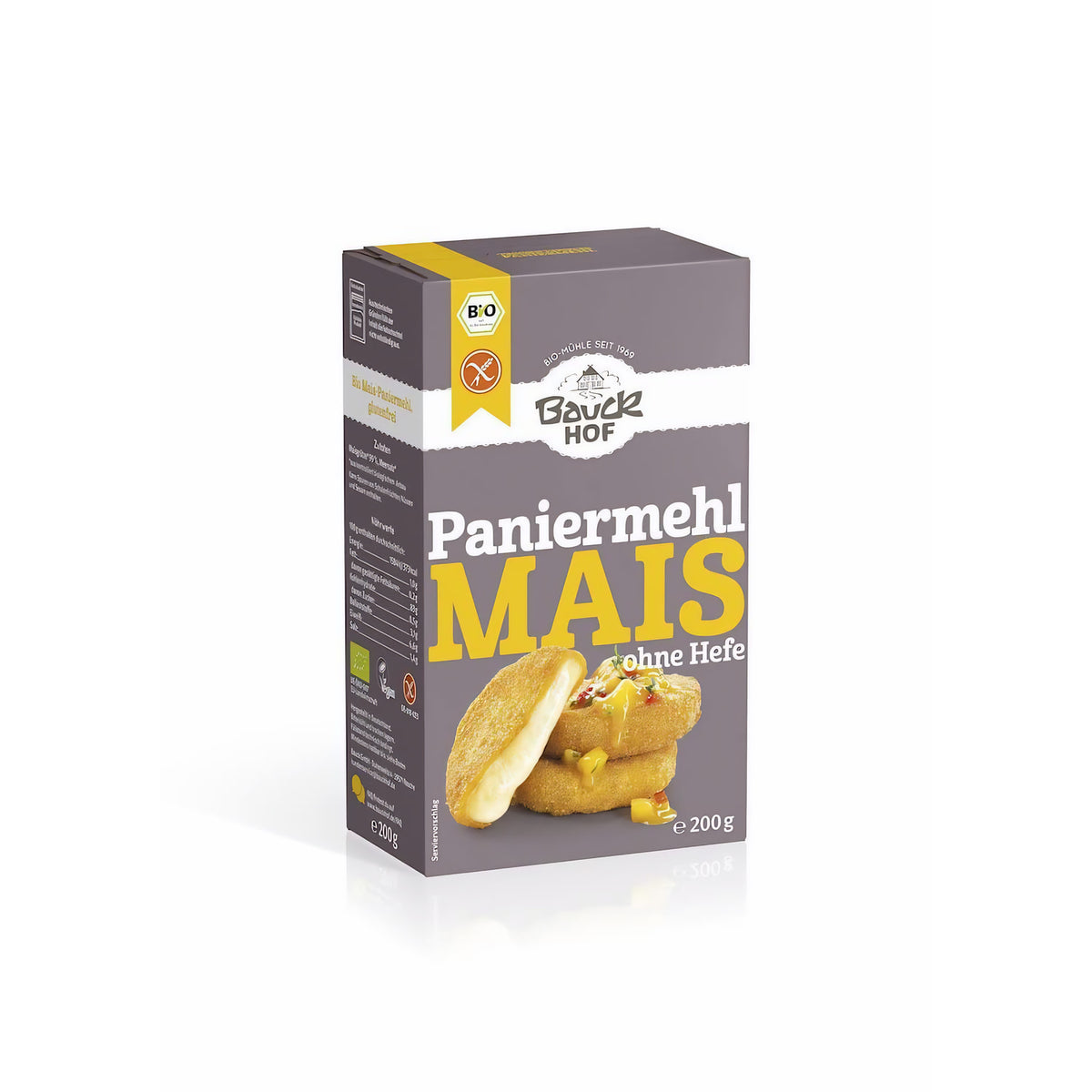 Bio Mais Paniermehl von Bauckhof, glutenfrei, ohne Hefe, in Verpackung, ideal zum Kochen, 200g.