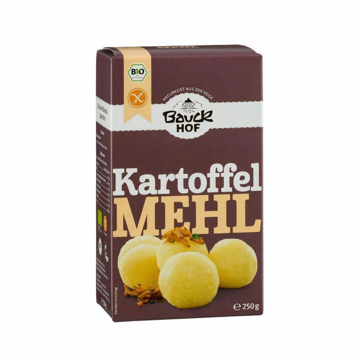 Bauckhof kartoffelmehl 250g Packung, frontal und leicht seitlich fotografiert, mit drei abgebildeten Kartoffelklößen und Röstzwiebeln auf der Verpackung.