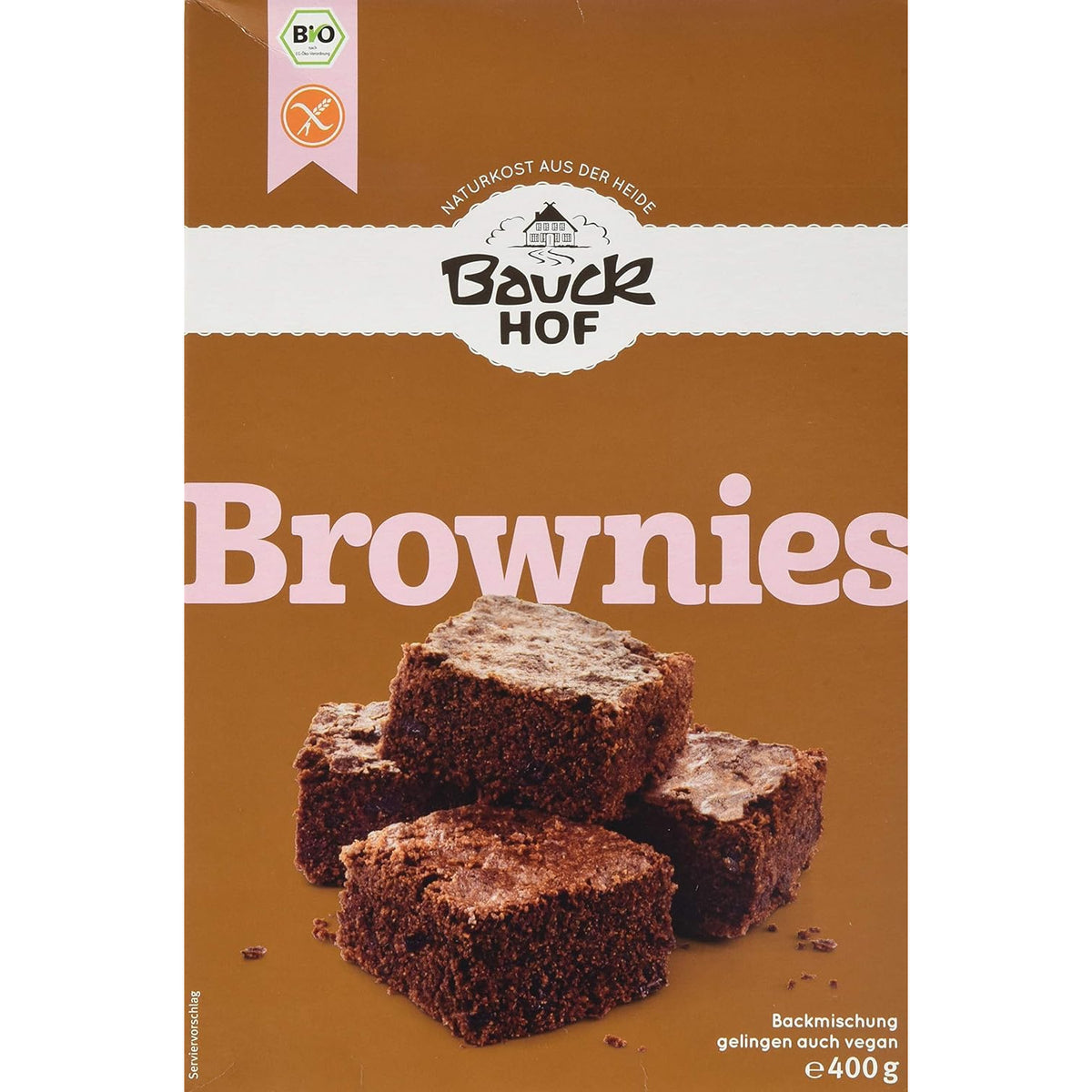 Vorderseite der Bauckhof Brownies Backmischung glutenfrei, braune Verpackung mit Abbildung von vier Brownies.
