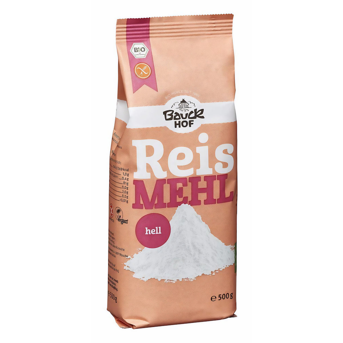 Packung Bauckhof Reismehl hell glutenfrei auf weißem Hintergrund, leicht seitliche Perspektive, ohne weitere Dekoration.