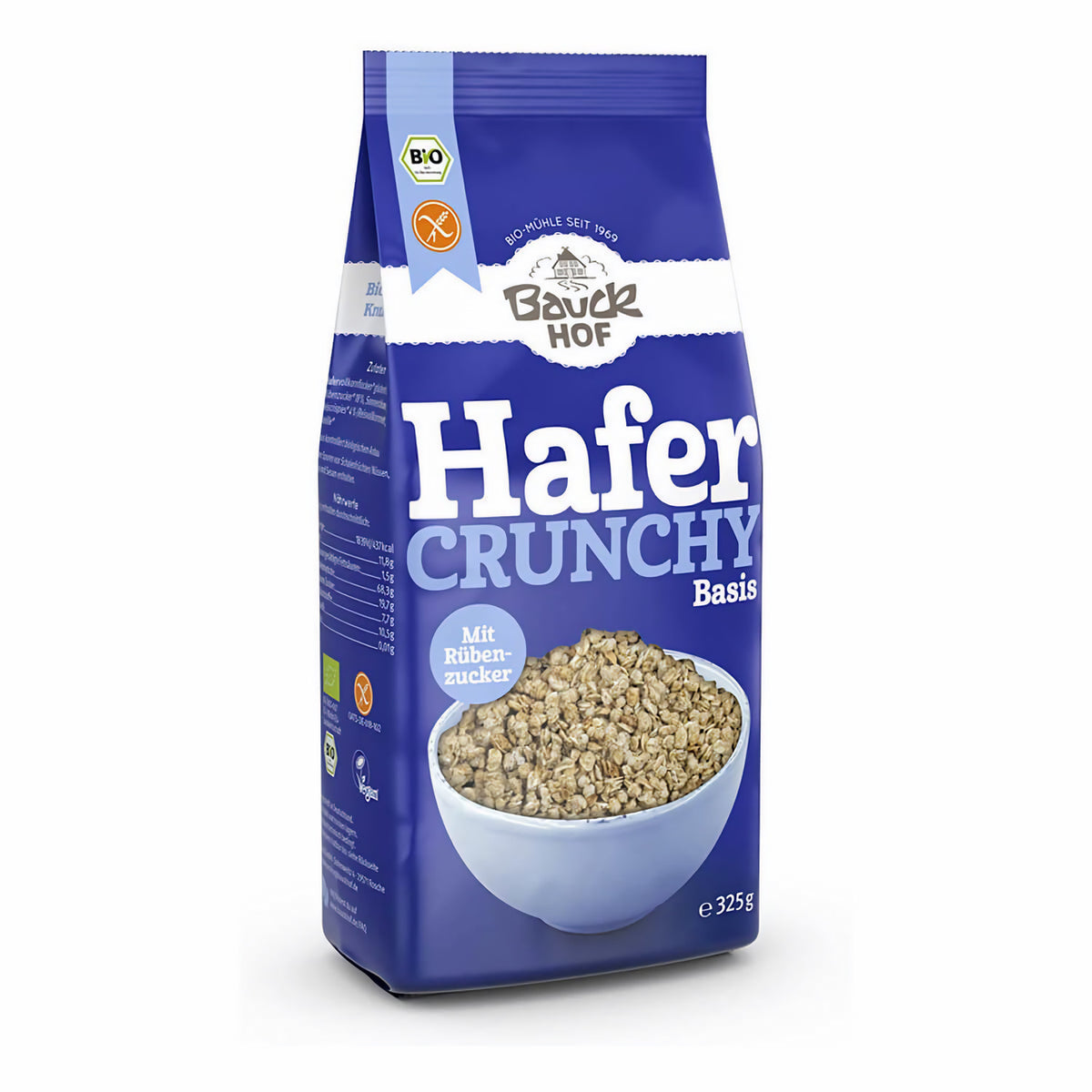 Schräg fotografierte Packung Bauckhof Hafer Crunchy Basis, Vorder- und Seitenansicht mit sichtbarem Basismüsli auf der Verpackung.