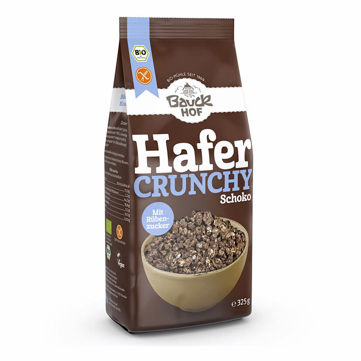 Packung Bauckhof Hafer Crunchy Schoko leicht seitlich fotografiert, Produktname und Schoko-Crunchy in einer Schale auf der Verpackung sichtbar.