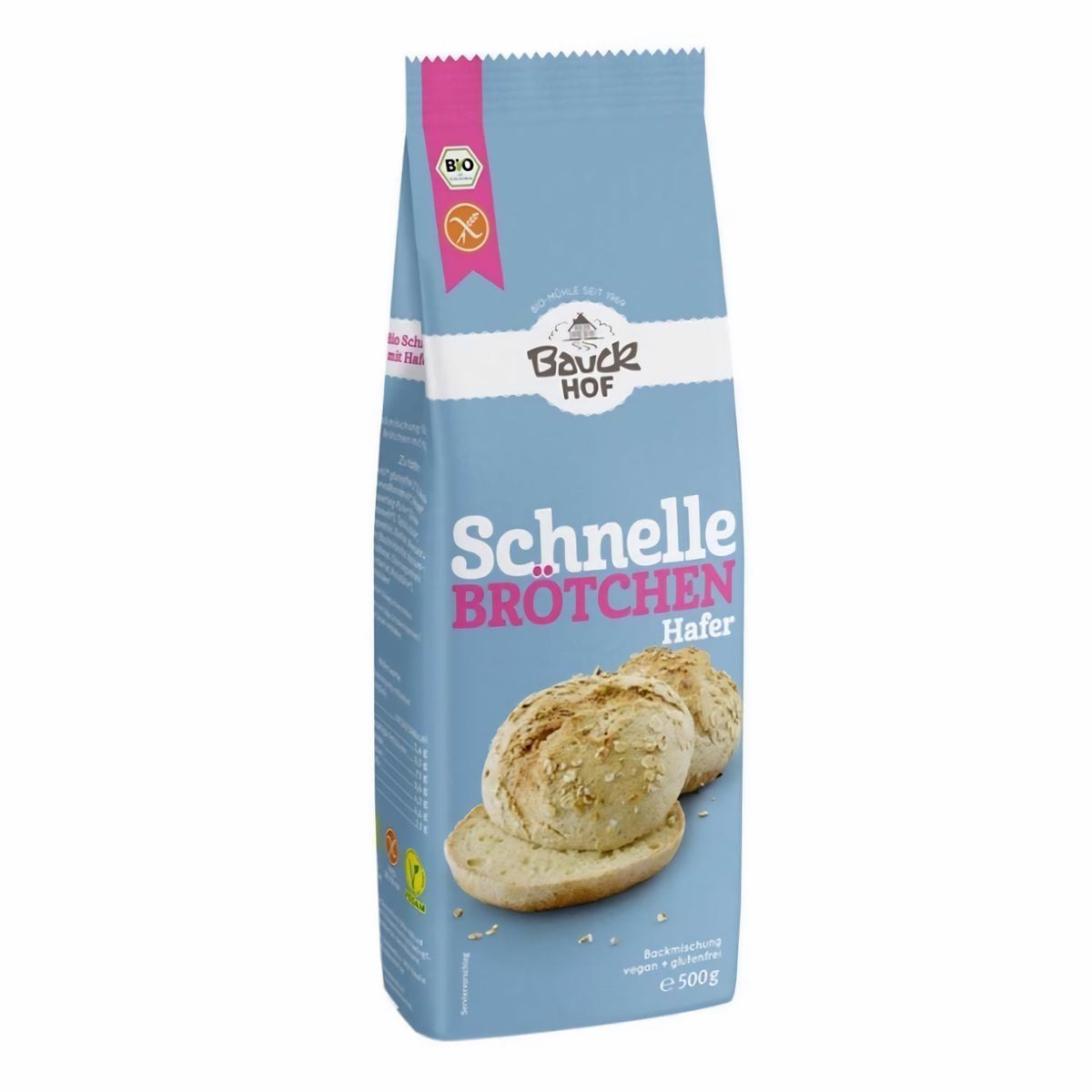 Bauckhof Backmischung Schnelle Brötchen Hafer glutenfrei, 500g Packung stehend, Vorderseite mit Produktabbildung sichtbar.