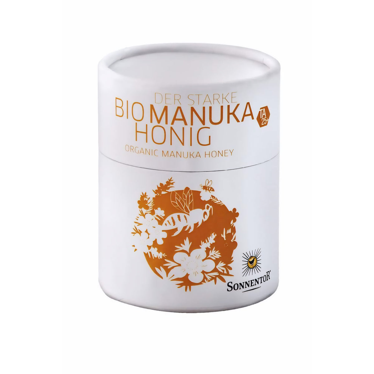 Weiße Dose Sonnentor starke Manukahonig 250g mit goldener Illustration und Produktaufschrift vor weißem Hintergrund.