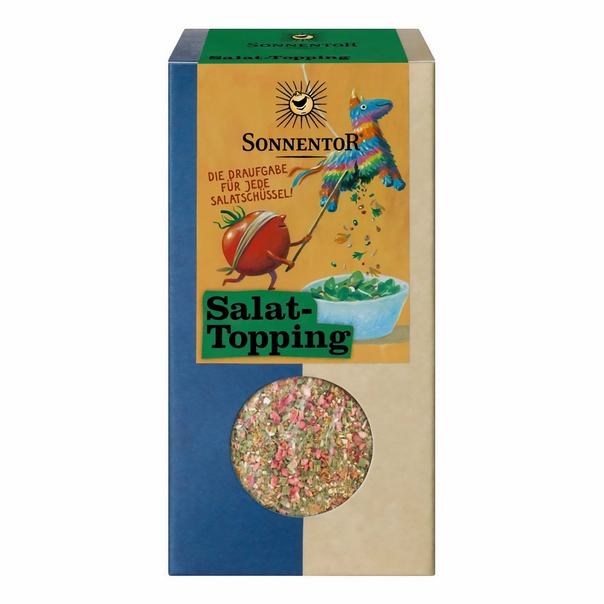 Sonnentor Salattopping Gewürzzubereitung in rechteckiger Verpackung mit Sichtfenster vor weißem Hintergrund.