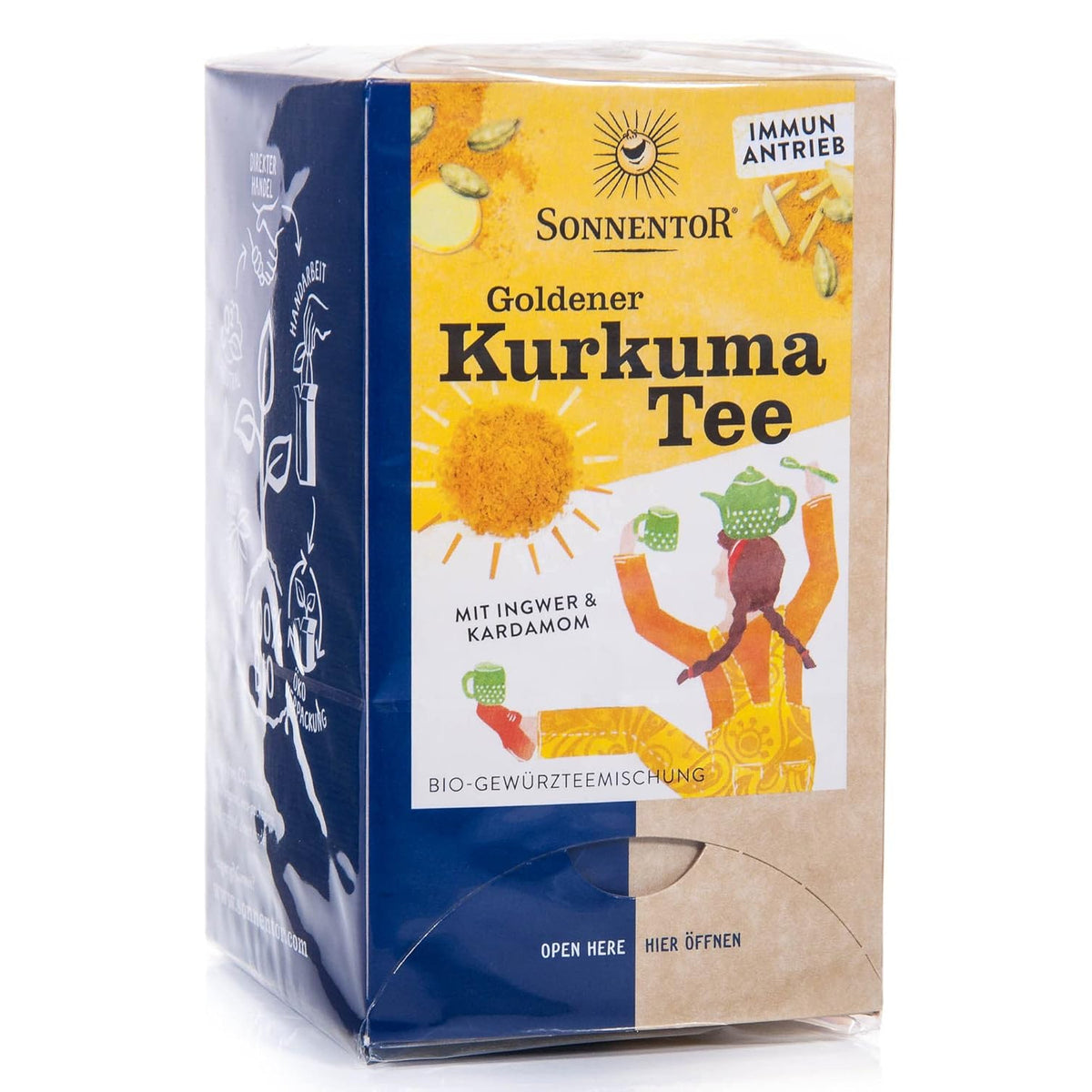 Ungeöffnete Packung Sonnentor Goldener Kurkuma Tee Doppelkammerbeutel, seitlich fotografiert, mit sichtbarem Markenlogo und Illustrationen.