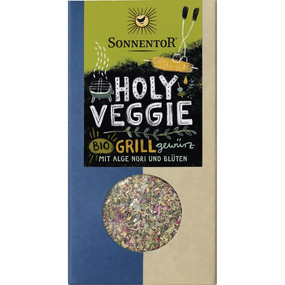Sonnentor Holy Veggie Grillgewürz, Verpackung frontal fotografiert, das Sichtfenster zeigt die bunte Gewürzmischung im Inneren.