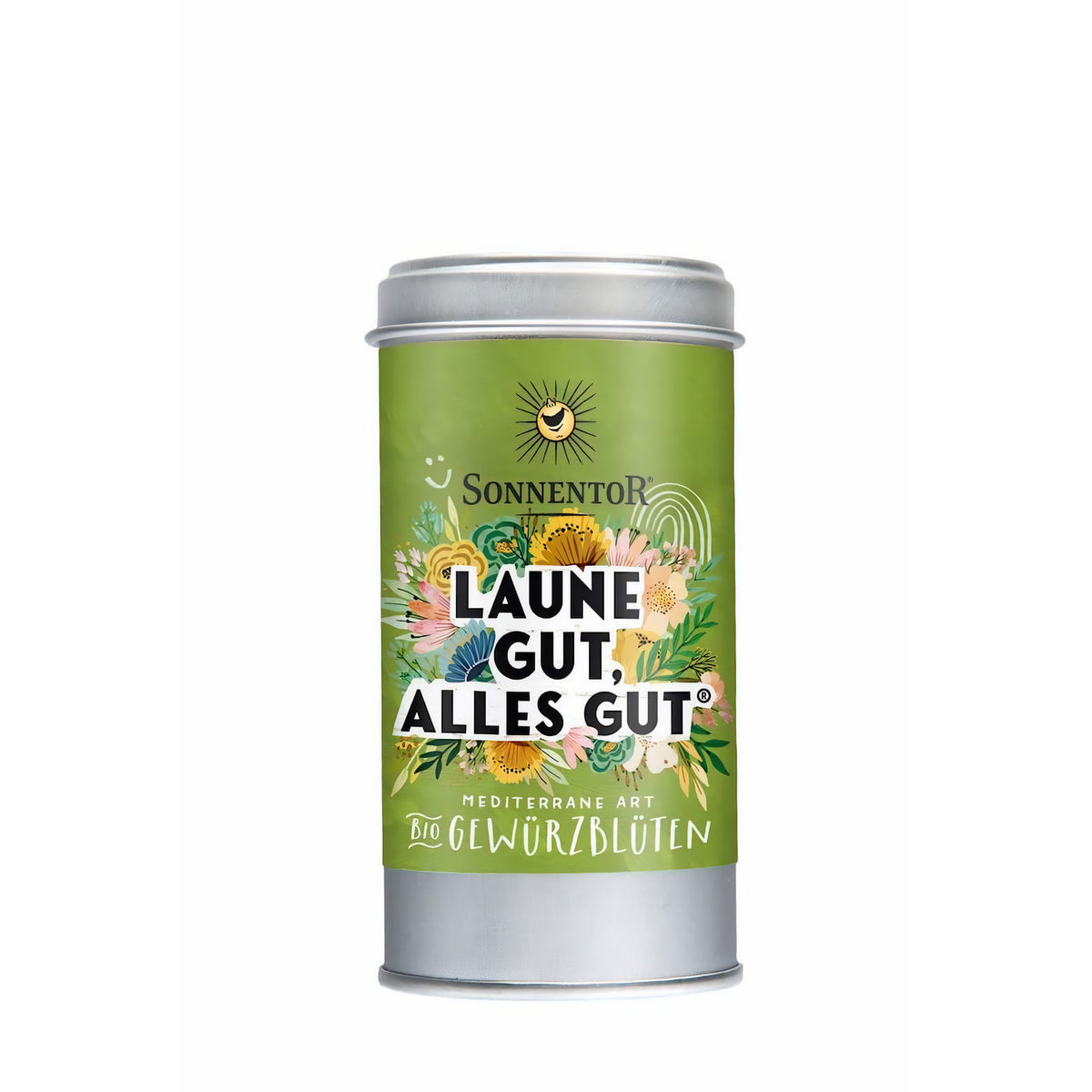 Sonnentor Laune gut, alles gut Gewürzblüten Dose stehend vor weißem Hintergrund, Vorderseite mit floraler Gestaltung sichtbar.
